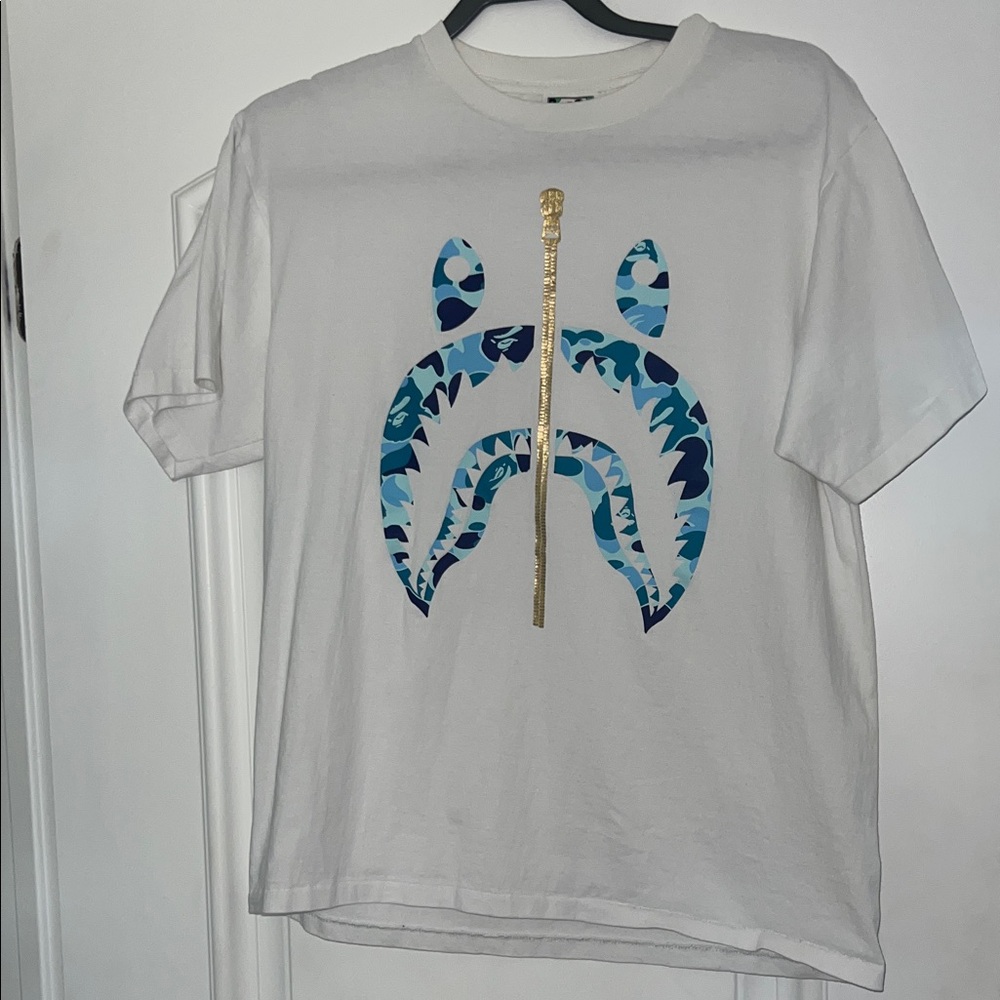 Bape White Tee with Blue and Gold Shark Design